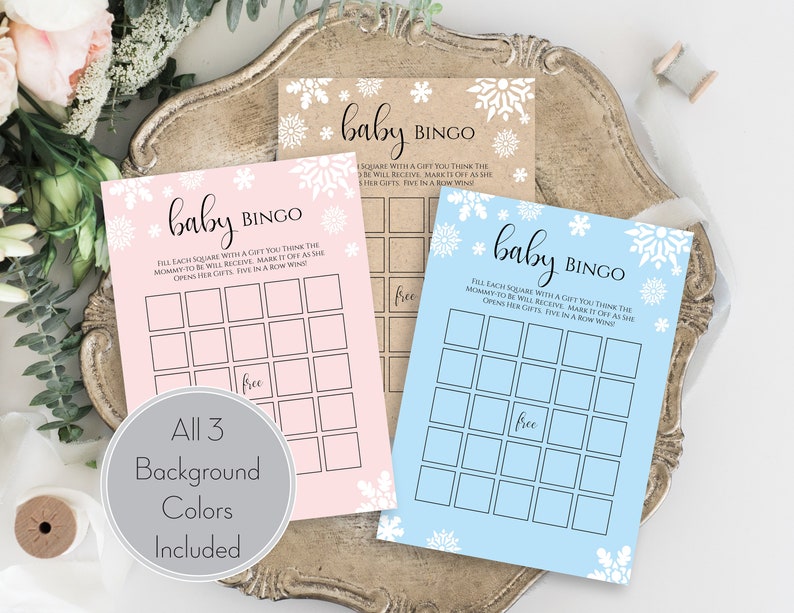 Baby Bingo, Winter Snowflake, Pink, Blue, Kraft, Baby Shower Printable Game NEVE PPB300 image 1