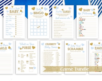 Baby Shower Game Package, Blue and Gold Glitter Heart Game Bundle, Baby Shower, Printable Game 5GL_BG