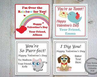 Child Classroom Valentine Card Set~ Editable Dog Valentine~ Kitty Printable Valentine ~ Bird and Rainbow Valentine Card