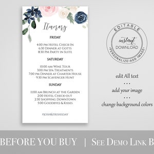 Itinerary, Wedding, Bachelorette, Out of Town Guest, Family Reunion, Pink Blue Floral, Email, 100% Editable Template, Corjl PPW265 OLEA image 2