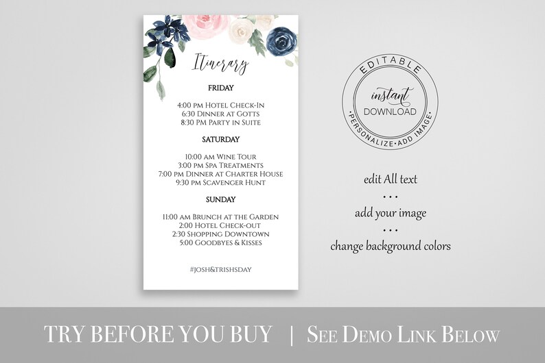 Itinerary, Wedding, Bachelorette, Out of Town Guest, Family Reunion, Pink Blue Floral, Email, 100% Editable Template, Corjl PPW265 OLEA image 2