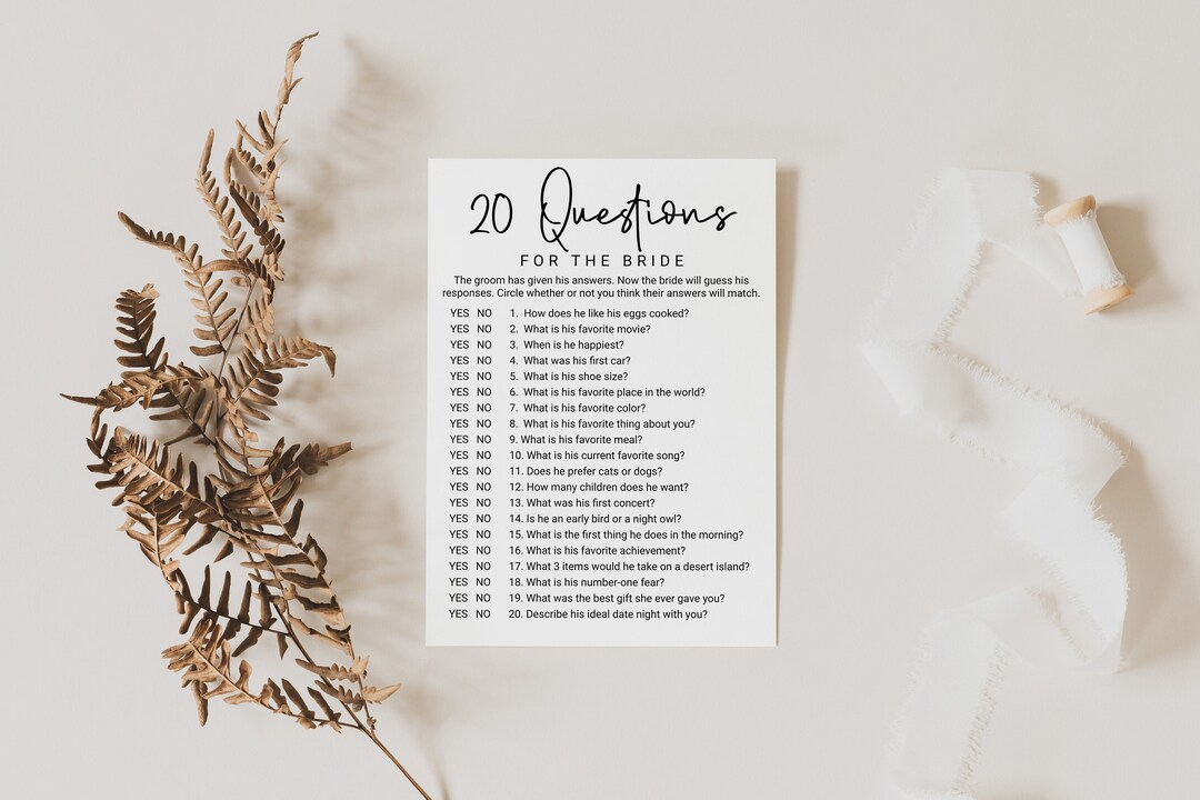 20 Questions for the Bride, Minimalist Bridal Shower Game Template, Editable Modern Printable