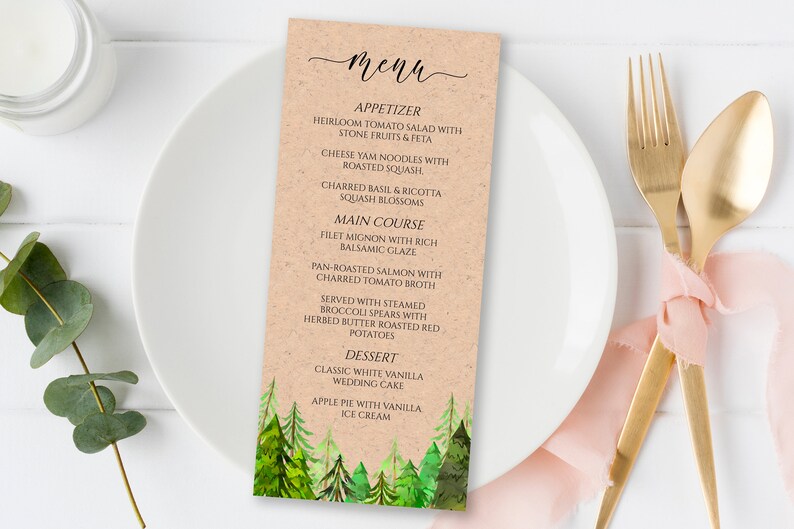 Pine Tree Menu Template, Printable Dinner Menu, Wedding Menu, Editable Template, Corjl LINDEN PPW410 image 9