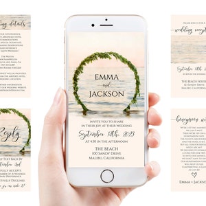 Suite de invitación electrónica para bodas en la playa, correo electrónico, mensaje de texto, altar verde del océano, confirmación de asistencia, recepción, detalles PPW927 MALIBU