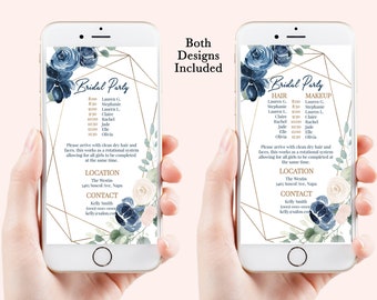 Wedding Party Hair & Makeup Timeline, Electronic Itinerary, Evite, Digital, Text Message, Navy Floral100% Editable, Corjl AVRIL-C3