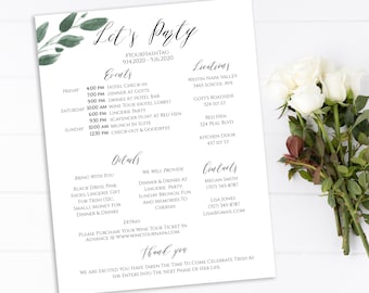 Bachelorette Party Timeline and Details Template, Bridal Weekend Itinerary, Party Printable PPW0450