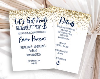 Bachelorette Party Weekend Invitation Template, Details and Invite Card, Let's Get Nauti Theme, Editable, Printable PPW28 MARIN