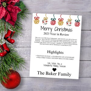 Plantilla de carta de Navidad, resumen del año, boletín de Navidad, diseño de adorno de oro verde rojo, descarga instantánea editable PPC-19
