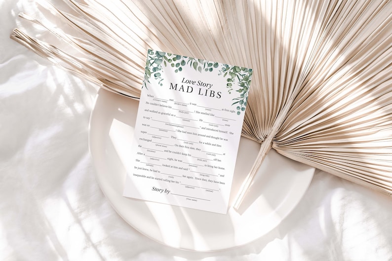 Greenery Wedding Love Story Mad Libs Game Template Bridal image 1