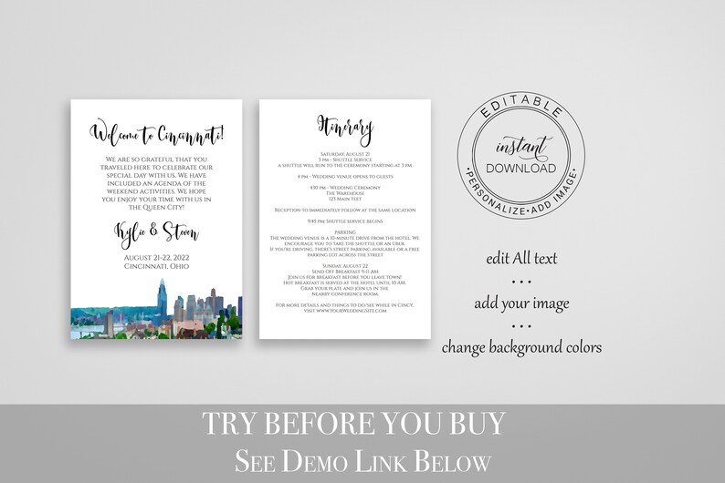 Cincinnati Wedding Welcome Card and Itinerary, Out of Town Guest, Wedding Schedule, Timeline Card. Mariage imprimable, modifiable PPW71 image 2