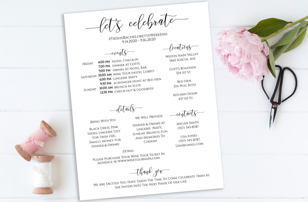 Bachelorette Weekend Itinerary & Details, Bridal Weekend Printable ...