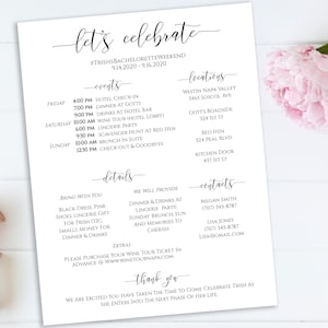 Bachelorette Weekend Itinerary & Details, Bridal Weekend Printable, Party Details, Hens Schedule, Editable, PPW0550 Grace