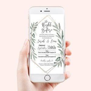 Wedding Rehearsal Dinner Invite, The Night Before Electronic Invitation, Evite, Digital, Text Message, Gold and Greenery, Template CEDAR-N4 image 7