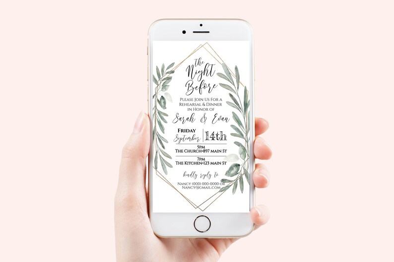 Wedding Rehearsal Dinner Invite, The Night Before Electronic Invitation, Evite, Digital, Text Message, Gold and Greenery, Template CEDAR-N4 image 7