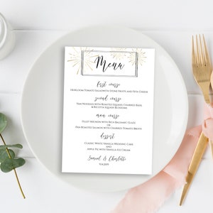 Gold and Silver Menu Card, Wedding Table Decor, Elegant Calligraphy, Table Seating, Sunburst Fireworks Editable Template, Corjl PPW-NY21 image 9