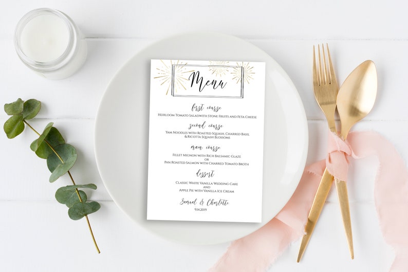 Gold and Silver Menu Card, Wedding Table Decor, Elegant Calligraphy, Table Seating, Sunburst Fireworks Editable Template, Corjl PPW-NY21 image 9