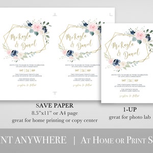 Wedding Invitation Suite, Invite, RSVP, Details Card, Navy and Pink Floral, Gold Frame, Editable Corjl Template PPW265 OLEA image 5