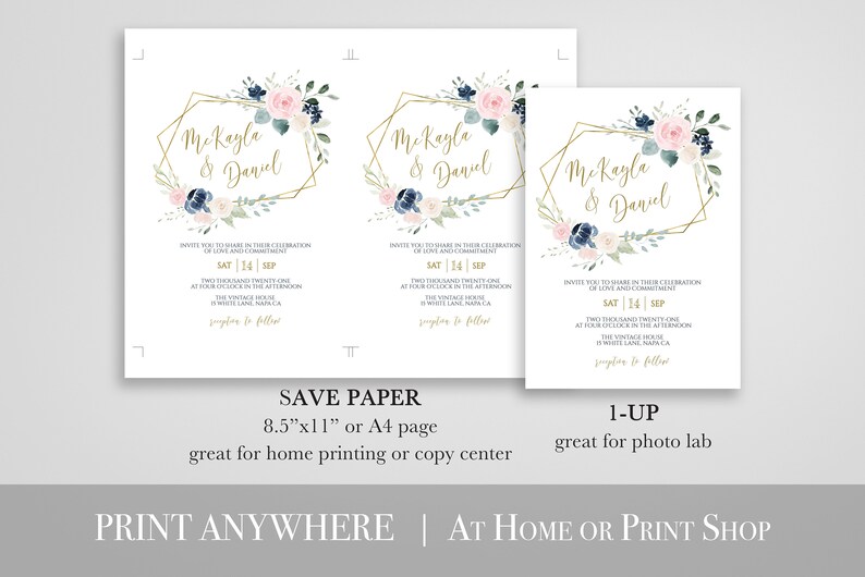 Wedding Invitation Suite, Invite, RSVP, Details Card, Navy and Pink Floral, Gold Frame, Editable Corjl Template PPW265 OLEA image 5