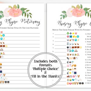 Emoji Nursery Rhyme Quiz, Pink Floral Baby Shower Game, Pink Baby Girl Theme, Printable Game PPB0230 image 1
