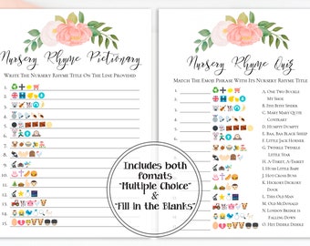 Emoji Nursery Rhyme Quiz, Pink Floral Baby Shower Game, Pink Baby Girl Theme, Printable Game PPB0230