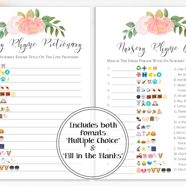 Emoji Nursery Rhyme Quiz, Pink Floral Baby Shower Game, Pink Baby Girl Theme, Printable Game PPB0230