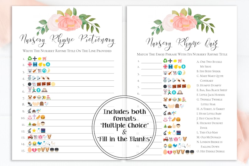 Emoji Nursery Rhyme Quiz, Pink Floral Baby Shower Game, Pink Baby Girl Theme, Printable Game PPB0230 image 1