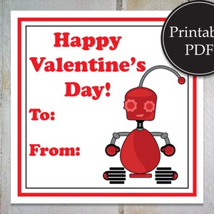 Red Robot Valentine Cards~Tech Valentine~Happy Valentine&#39;s Day~ Children&#39;s Valentine~ Printable Valentine Tag