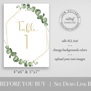 Greenery Wedding Table Number Template, Gold Geometric Table Decor, Printable Editable PPW0445 image 3