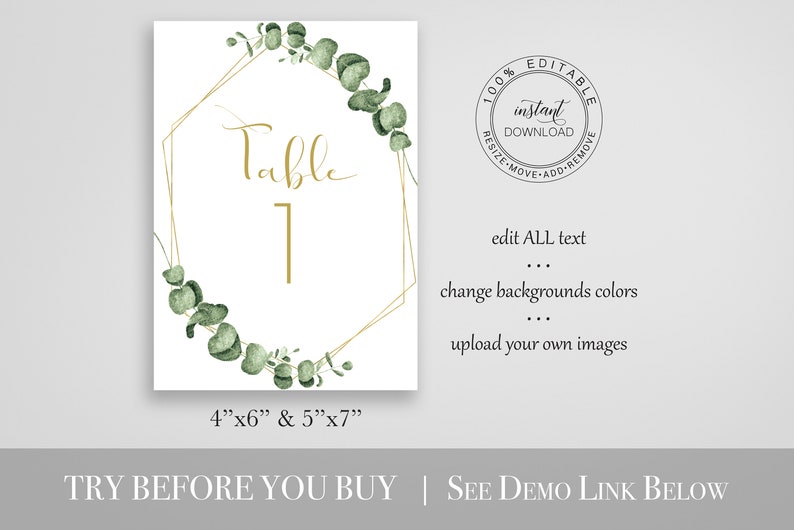 Greenery Wedding Table Number Template, Gold Geometric Table Decor, Printable Editable PPW0445 image 3