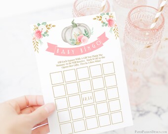 Sweet Pumpkin Baby Shower Bingo ~ Pink and Gold Baby Shower ~ Baby Girl Pumpkin Design ~ Printable Game PPB130