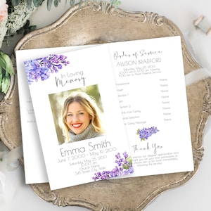 Programa Conmemorativo Floral Lila, Tarjeta Conmemorativa Púrpura, Celebración Violeta de la Vida, Folleto Funerario, Plantilla Corjl Editable PPF2021LPB SHAE