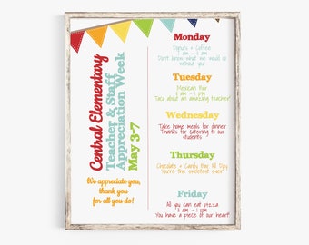 Teacher Appreciation Week Itinerary, Daily Schedule Events, Virtual, Printable, Personalized Editable Template TAW110