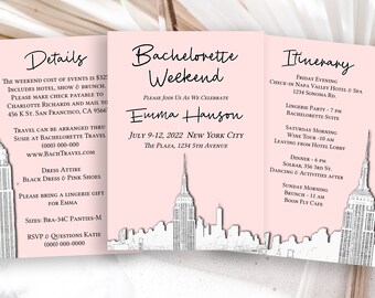 New York City Bachelorette Party Template Set,  Skyline Sketch, Pink Electronic, Evite, Hen Party, Bridal, Details, Itinerary PPW40 HUDSON