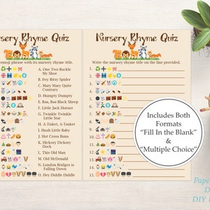 Emoji Nursery Rhyme Quiz ~ Woodland Animal Baby Shower Game ~ Gender Neutral Theme ~ Printable Game 0046
