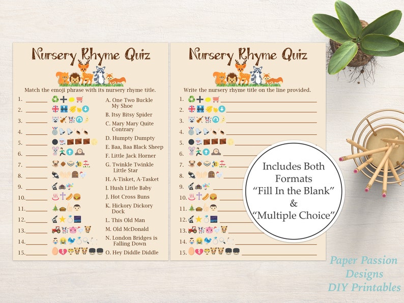 Emoji Nursery Rhyme Quiz Woodland Animal Baby Shower Game Gender Neutral Theme Printable Game 0046 image 1