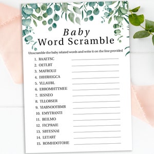 Baby Word Scramble, Greenery Eucalyptus Baby Shower Game, Green Foliage Gender Neutral Theme, Printable Game PPB0440 image 7