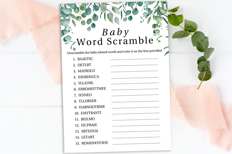 Baby Word Scramble, Greenery Eucalyptus Baby Shower Game, Green Foliage Gender Neutral Theme, Printable Game PPB0440 image 7