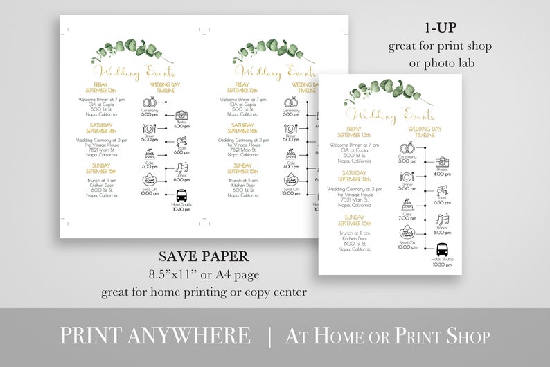 Gold Frame Greenery Wedding Weekend Schedule of Events Timeline, Out of Town Guests Things To Do Printable Editable PPW0445 image 5