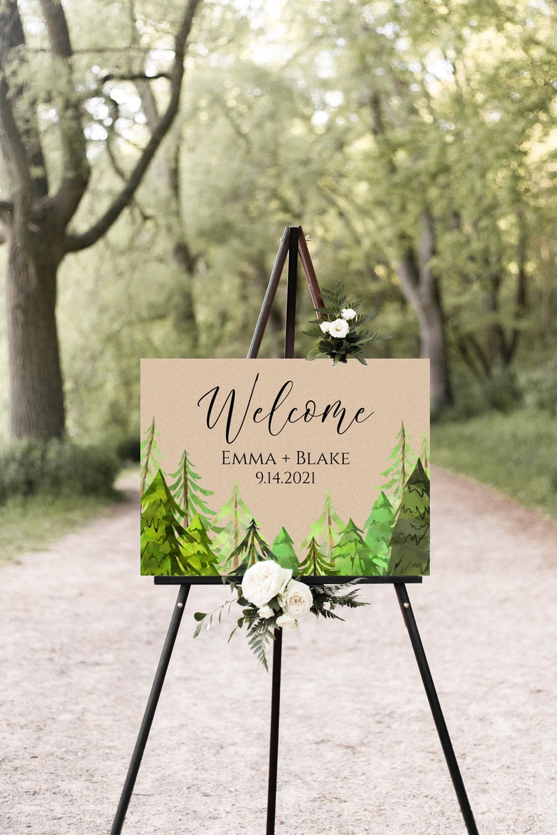 Wedding Welcome Sign Template, Pine Tree Forest Design, Easel Welcome Display Sign, Editable Template, Corjl LINDEN PPW410 image 3