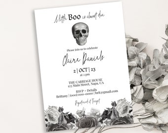 Gothic Baby Shower Invitation Template, Halloween Invitation, Skeleton, Little Boo Is Almost Due, Vintage Skull Theme PPW752 HALLOW