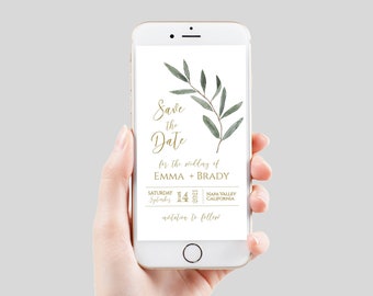 Save the Date, Electronic Invitation, Evite, Digital, Text Message, Editable Phone Invite, Gold and Greenery, Editable Corjl Template PPW800