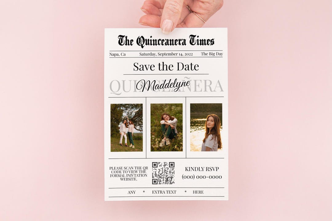 Quinceanera Save the Date, Newspaper Quinceanera, Editable Invite