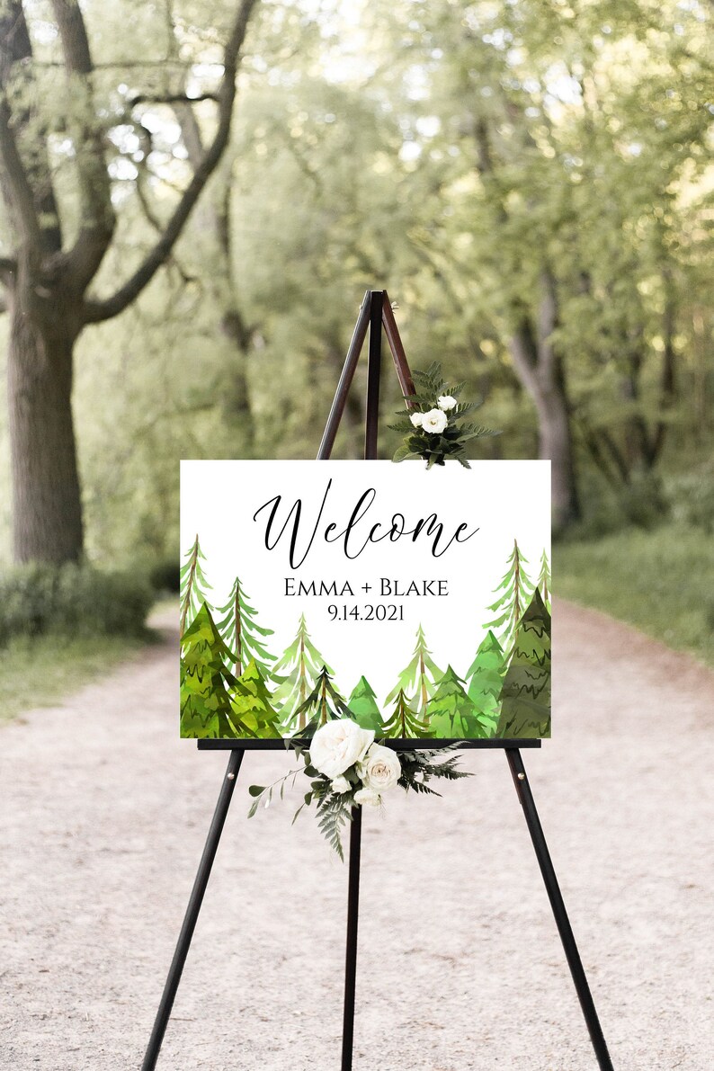 Wedding Welcome Sign Template, Pine Tree Forest Design, Easel Welcome Display Sign, Editable Template, Corjl LINDEN PPW410 image 1