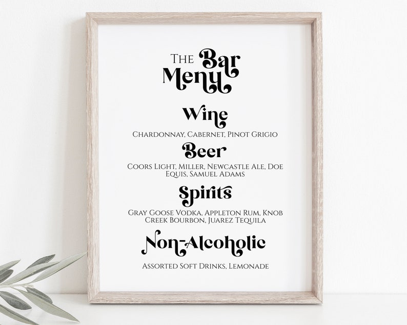 Bar Menu Sign Template, Wedding Drink Menu, Event Decoration Modern Retro Sign, Personalize Editable PPW74 image 9