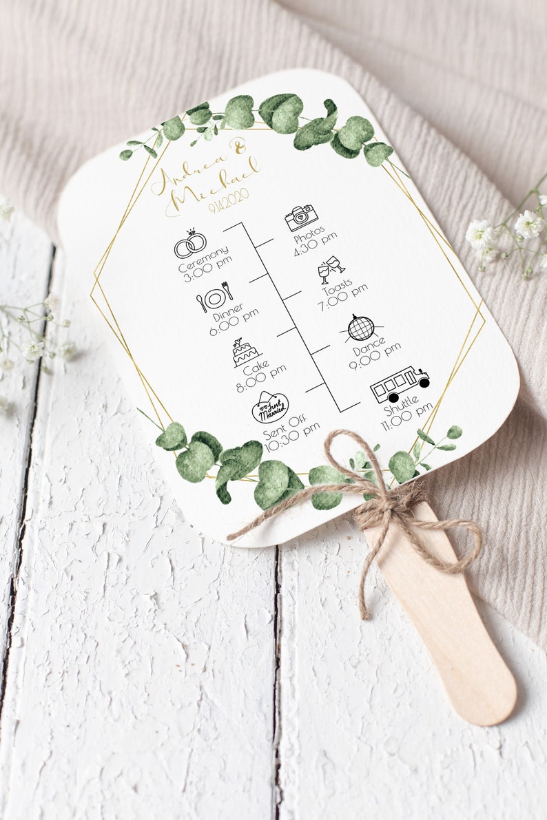 Gold Frame Greenery Fan Program Timeline, Wedding Order of Events, Ceremony Program 100% Editable PPW0445 image 1