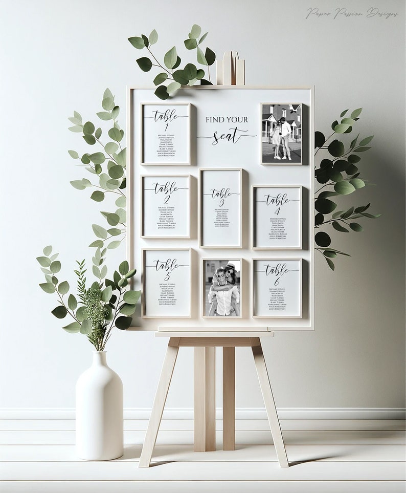 seating chart board with table cards on an easel.  Large board on easel displaying smaller frames with each seating table card displaying the table number guest names for each table at the event. The chart also displays two photos of the couple.