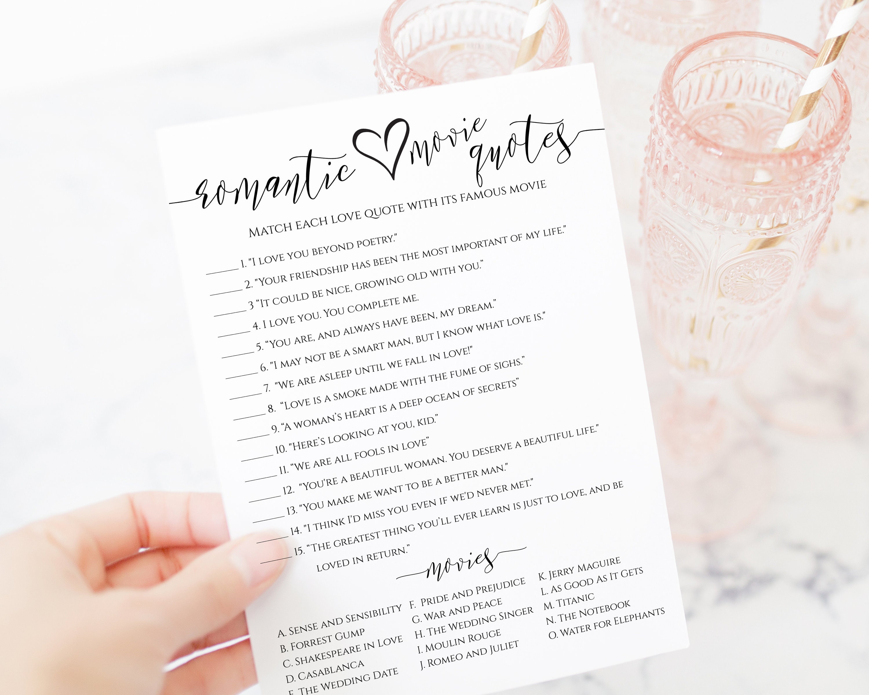 Romanic Movie Quotes Bridal Shower Game Kraft Bridal Shower Etsy