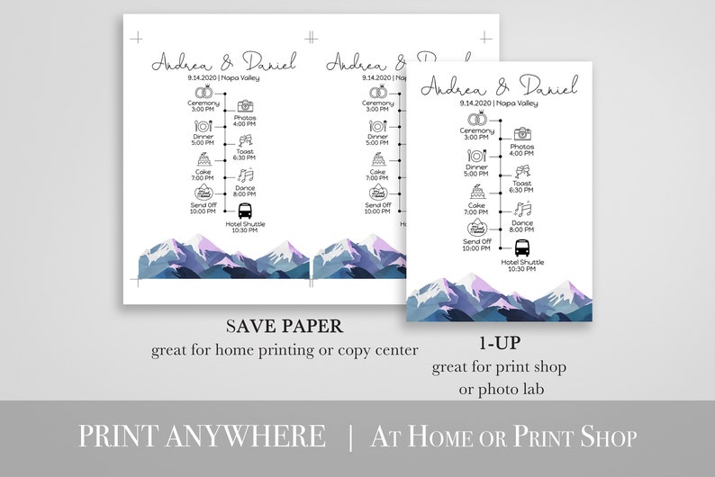 Wedding Program & Timeline Template, Wedding Day Plan, Schedule of Events, Winter Mountain Range, Printable Template, Corjl ANDES PPW420 image 5