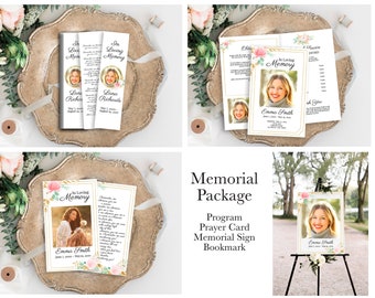 Pink Floral Memorial Package Welcome Sign, Program, Prayer Card, Bookmark, Celebration of Life, Gold & Greenery, Corjl Template PPF260