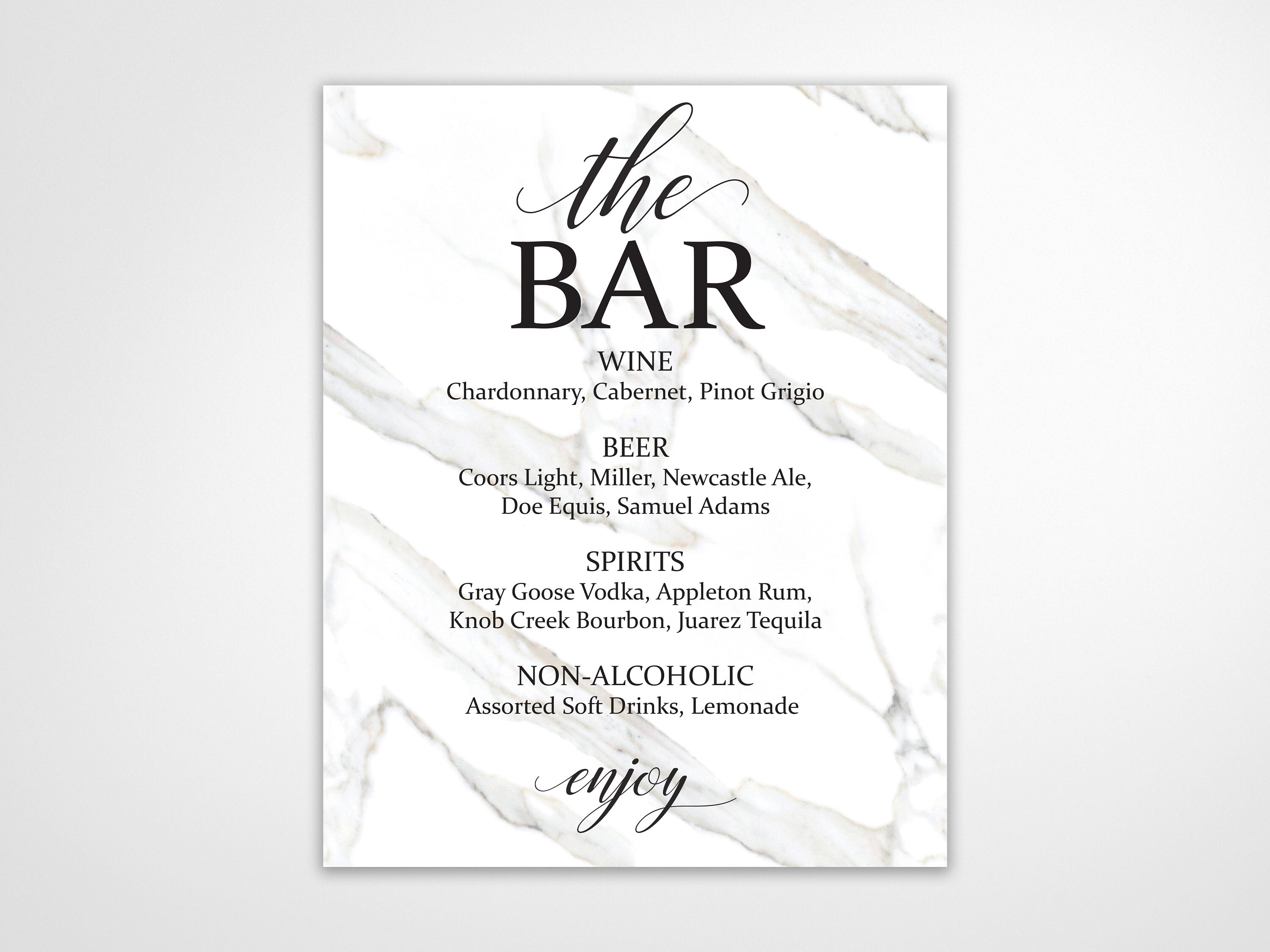 Marble Wedding Bar Menu Drink Sign Modern Sign Menu Etsy